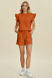 Double Take Full Size Texture Round Neck Ruffle Sleeve Top and Shorts Set 