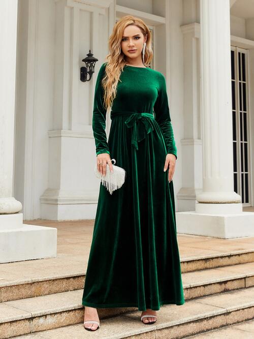Tie Front Round Neck Long Sleeve Maxi Dress Dresses