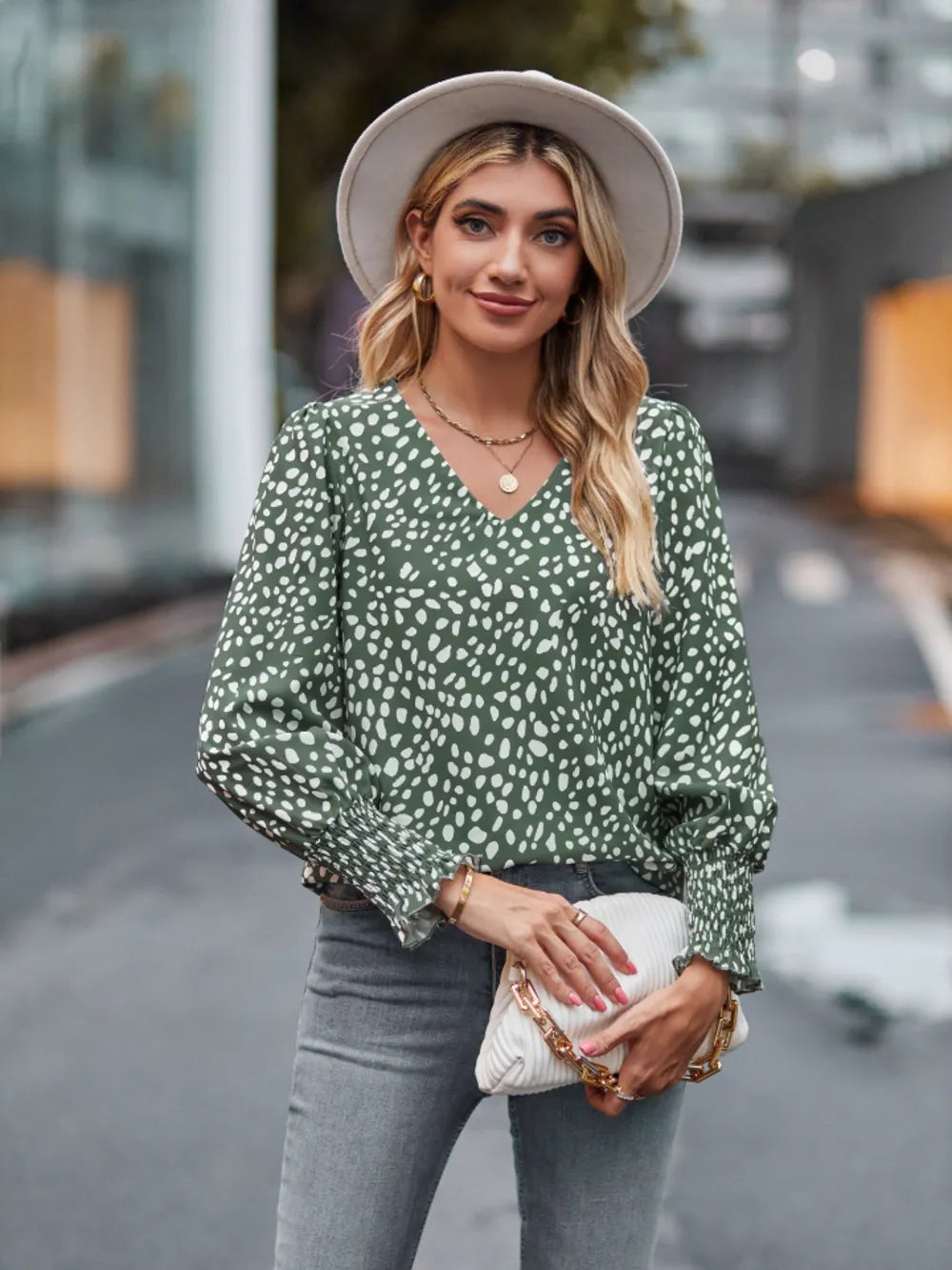 Printed V-Neck Lantern Sleeve Blouse 