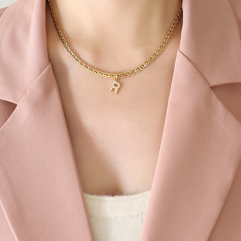 Brass Inlaid Zircon Letter Pendant Necklace 