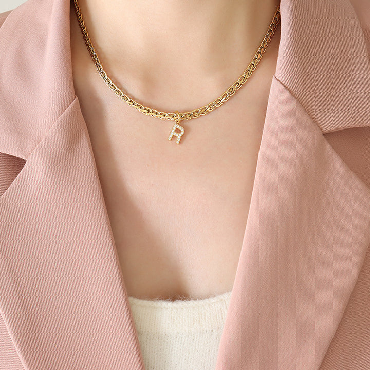 Brass Inlaid Zircon Letter Pendant Necklace 