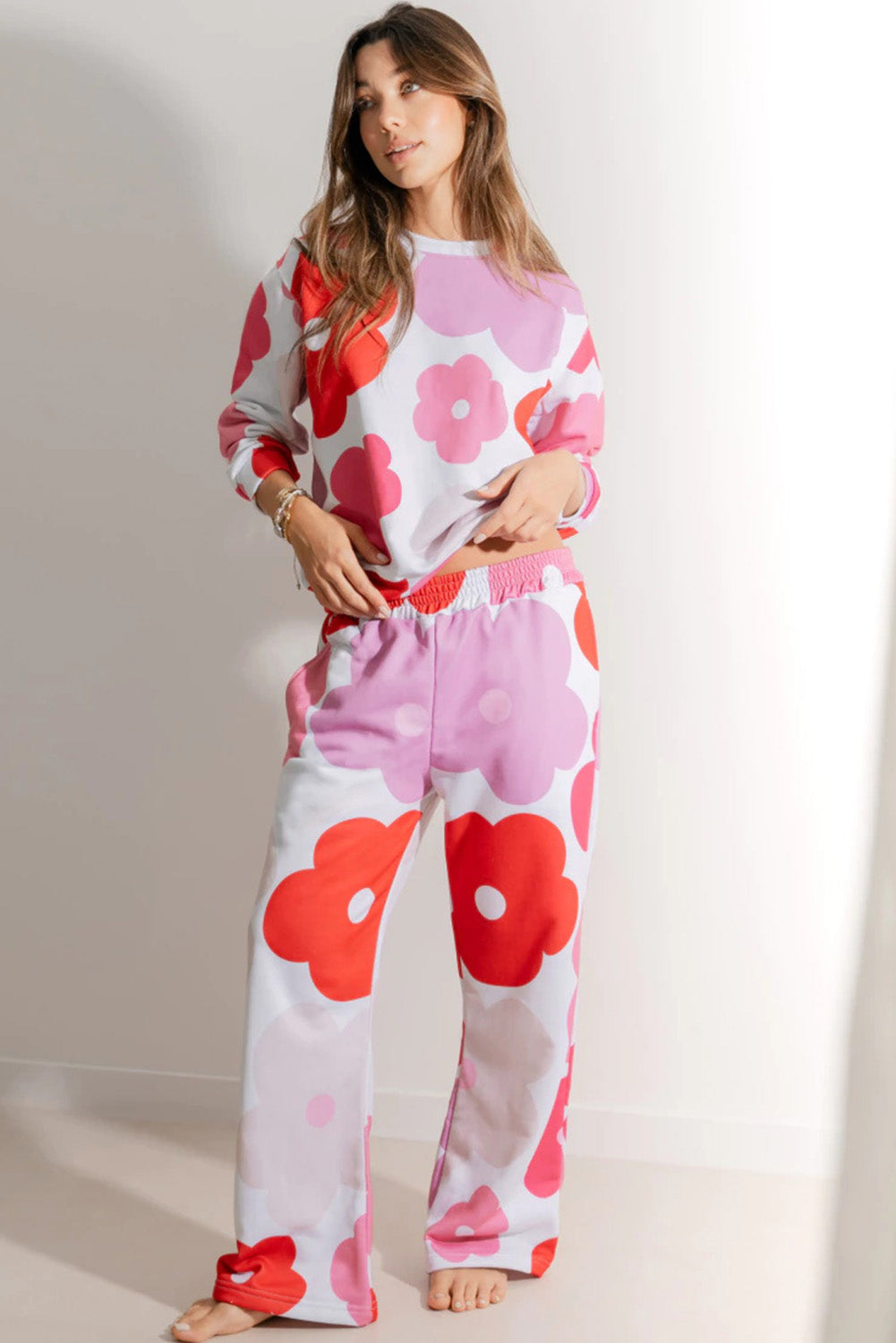 White Floral Print Pullover Top Sweatpants Lounge Set Loungewear & Sleepwear/Loungewear
