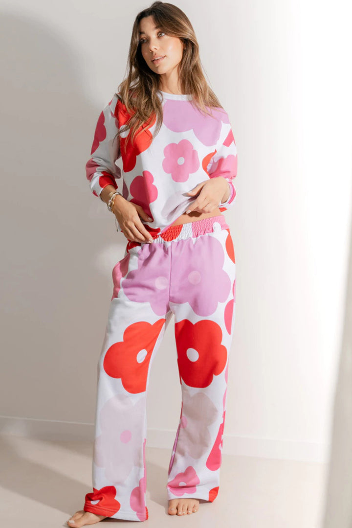 White Floral Print Pullover Top Sweatpants Lounge Set Loungewear & Sleepwear/Loungewear