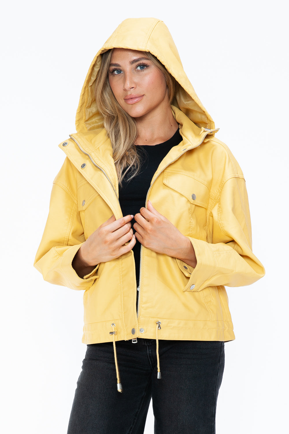 How Dare U Drawstring Hem PU Leather Zip Up Jacket 