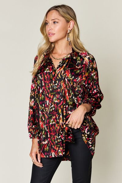 Double Take Full Size Printed Button Up Long Sleeve Shirt 