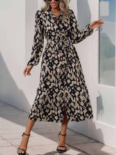 Perfee Printed Long Sleeve Midi Dress Dresses