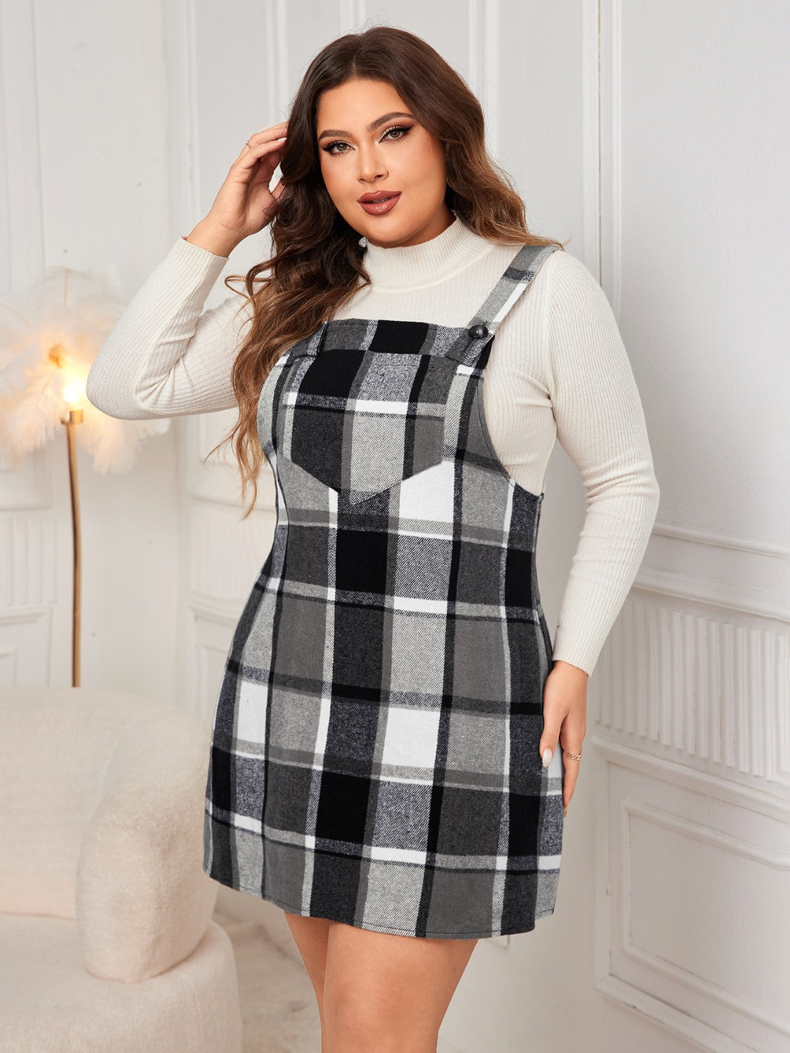 Honey Plus Size Plaid Wide Strap Overall Dress 