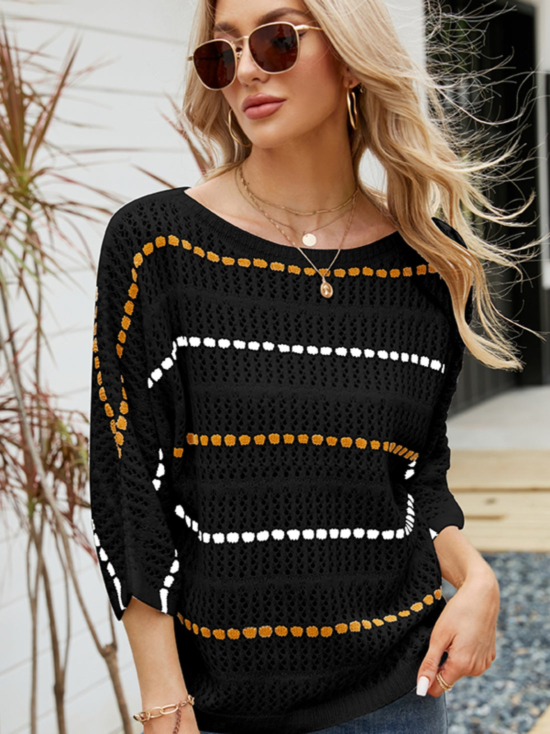 Eyelet Striped Round Neck Knit Top 