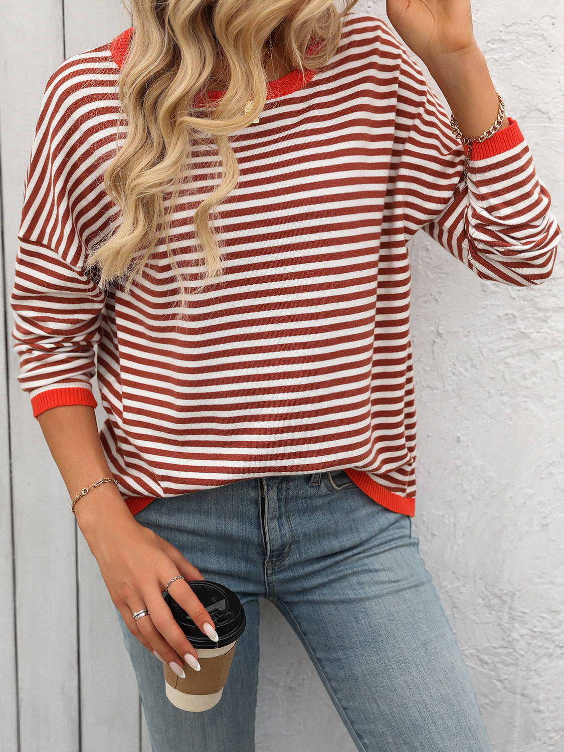 Mandy Striped Round Neck Long Sleeve Sweater 