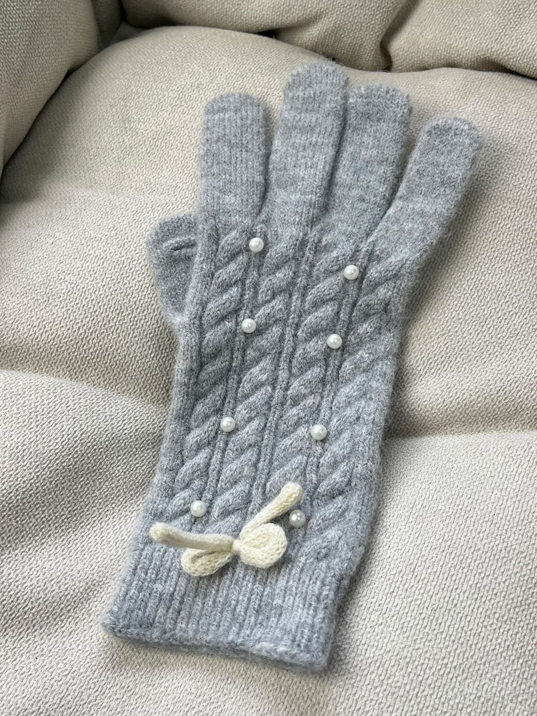 Thermal Pearl Detail Bow Five-Finger Gloves 