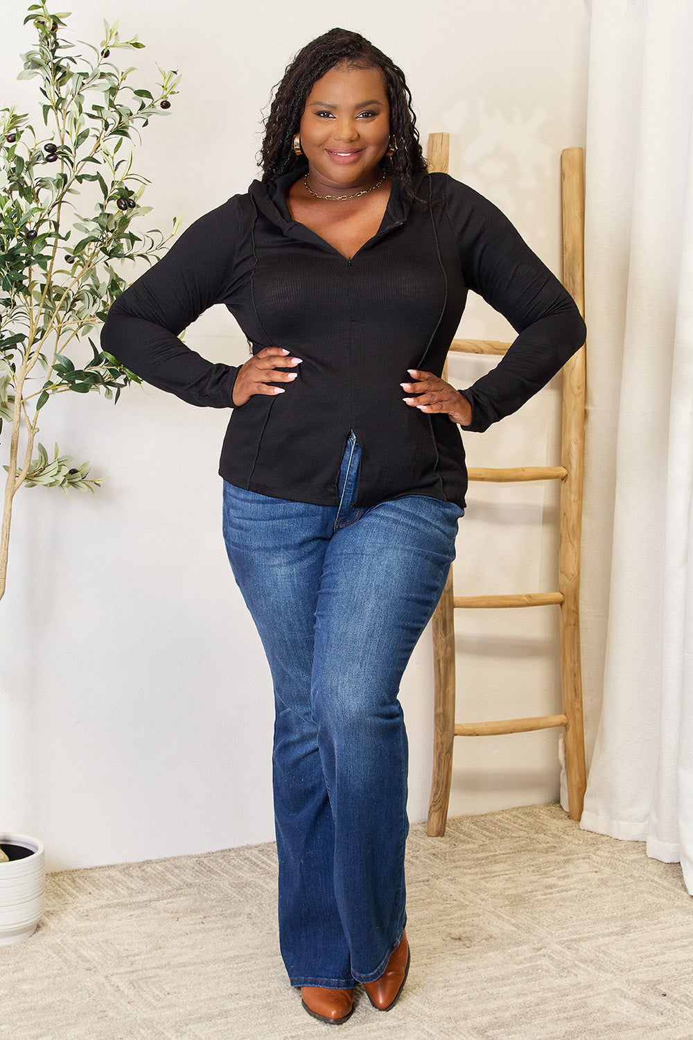 Culture Code Full Size Exposed Seam Long Sleeve Hoodie 