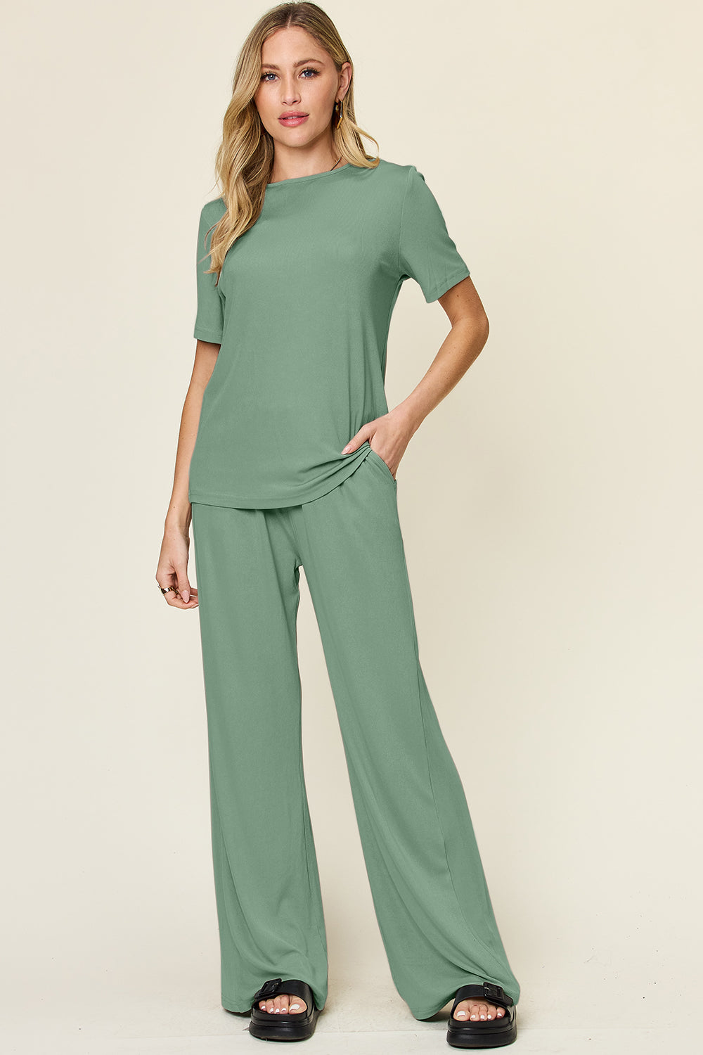 Double Take Full Size Round Neck Short Sleeve T-Shirt and Wide Leg Pants Set 