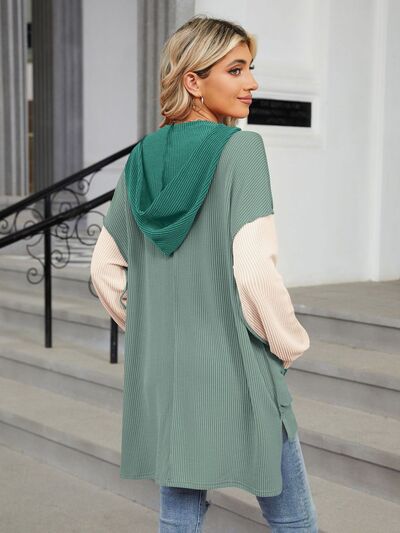 Double Take Contrast Hooded Long Sleeve Top 