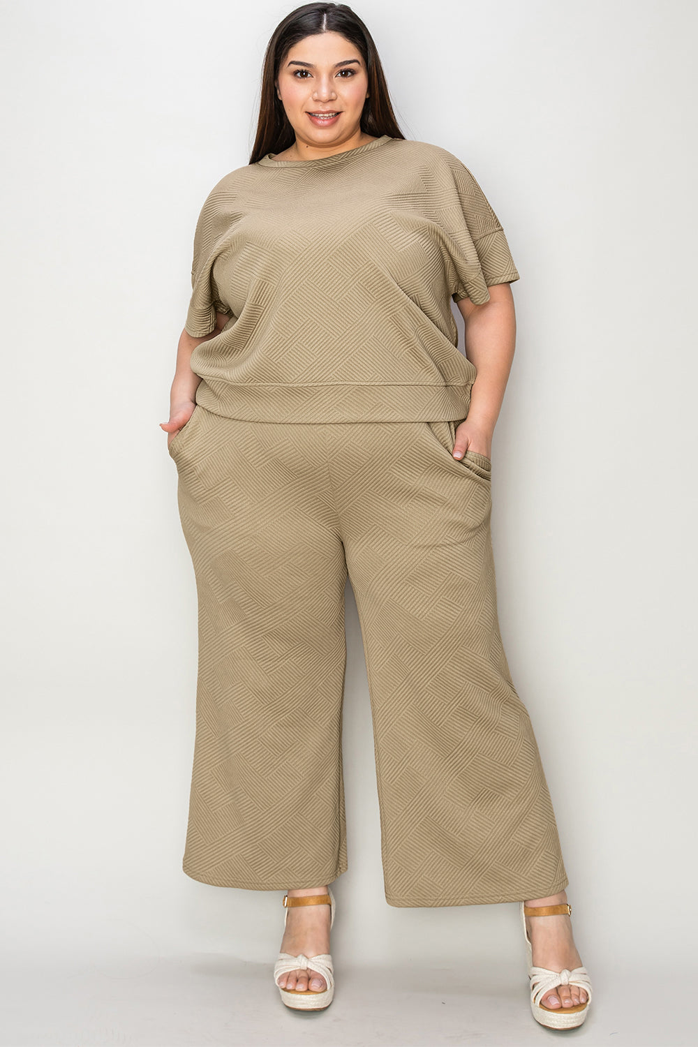 Double Take Full Size Texture Short Sleeve Top and Pants Set 