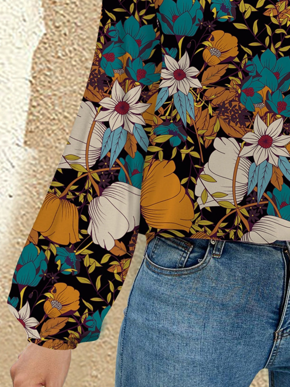 FAM-FAM Printed Notched Long Sleeve Blouse 