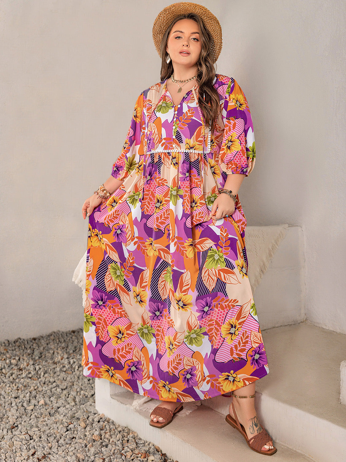 Plus Size Printed Tie Neck Maxi Dress 