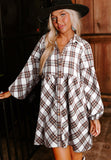 Full Size Plaid Collared Neck Balloon Sleeve Mini Shirt Dress 