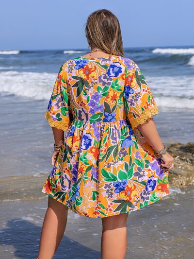 Plus Size Lace Detail Printed Tie Neck Half Sleeve Dress Dresses
