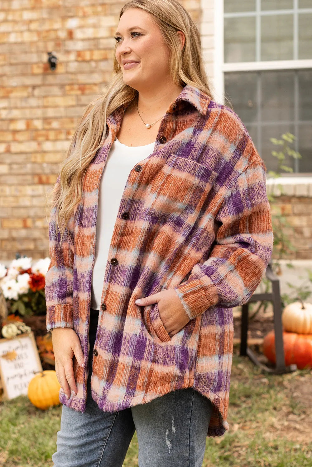 Plus Size Plaid Collared Neck Long Sleeve Jacket 