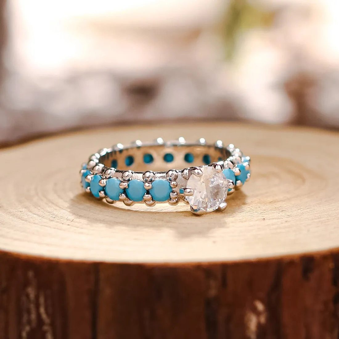 Inlaid Artificial Turquoise Zircon 925 Sterling Silver Ring 