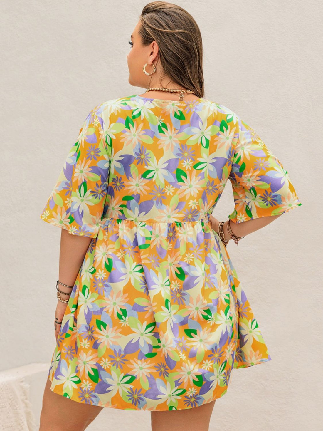 Plus Size Printed V-Neck Half Sleeve Mini Dress 