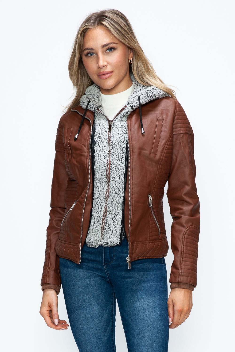 YMI Faux Layered Double-Zipper Jacket with Fuzzy Hood 