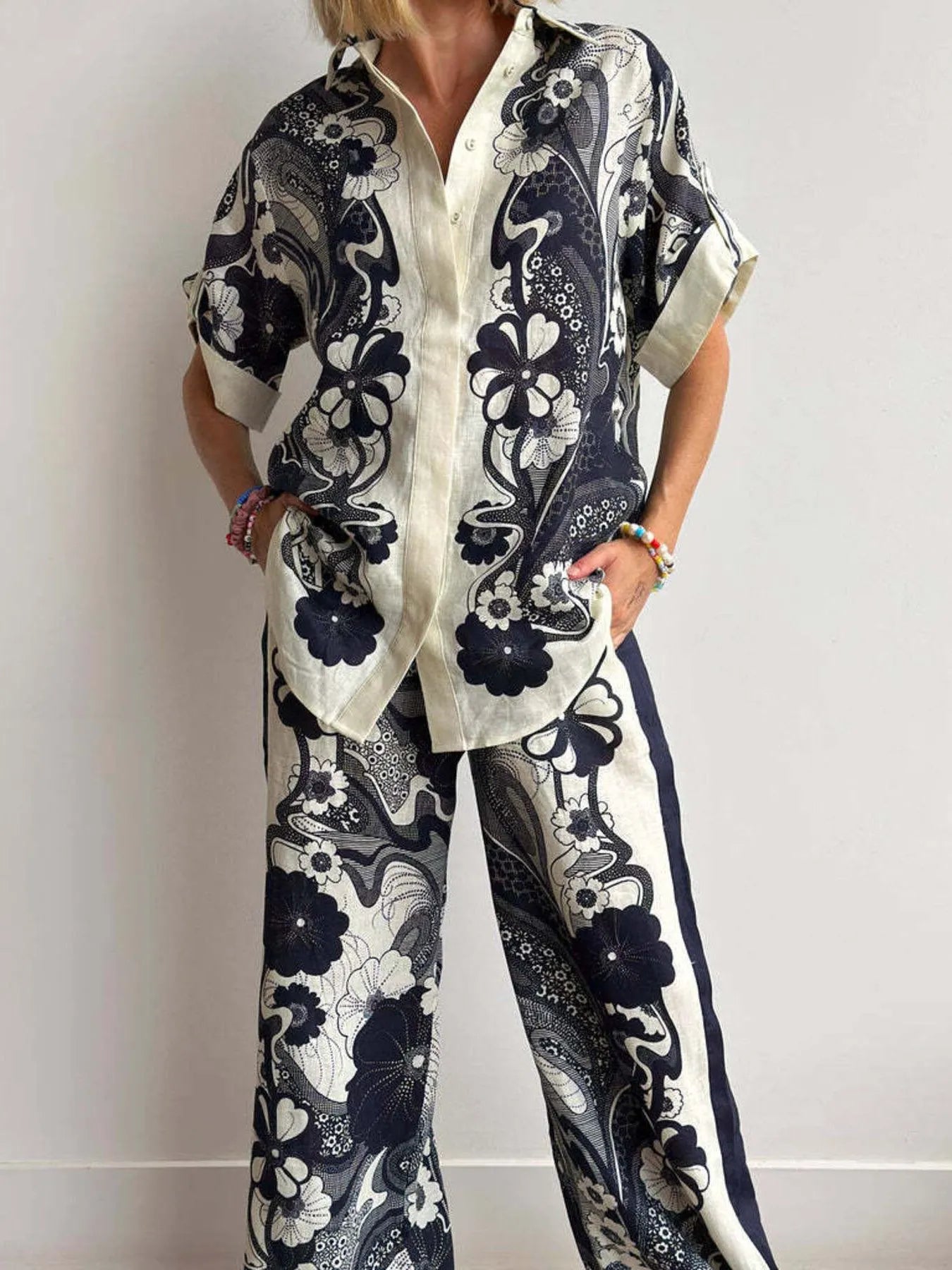 Printed Button Up Shirt and Pants Set Two Piece Dresses