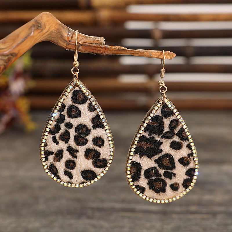 Zircon PU Leopard Teardrop Earrings 