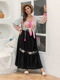Plus Size Tie Neck Tassel Printed Blouse 