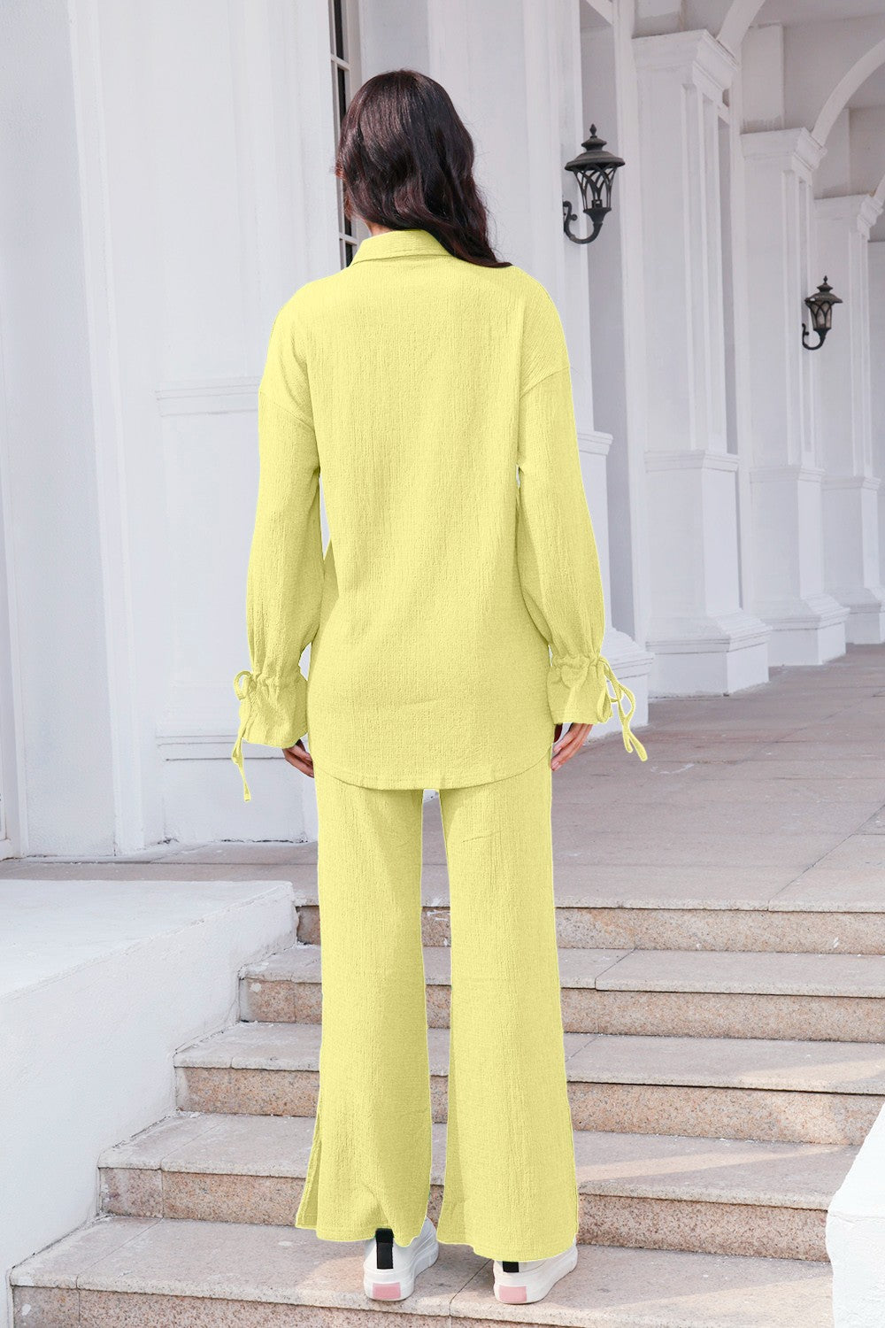 Drawstring Flounce Sleeve Shirt and Pants Set 