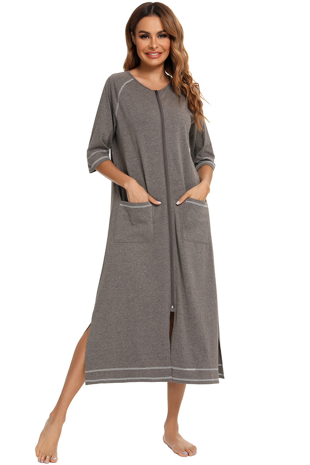 Zip Up Slit Round Neck Night Dress with Pockets 