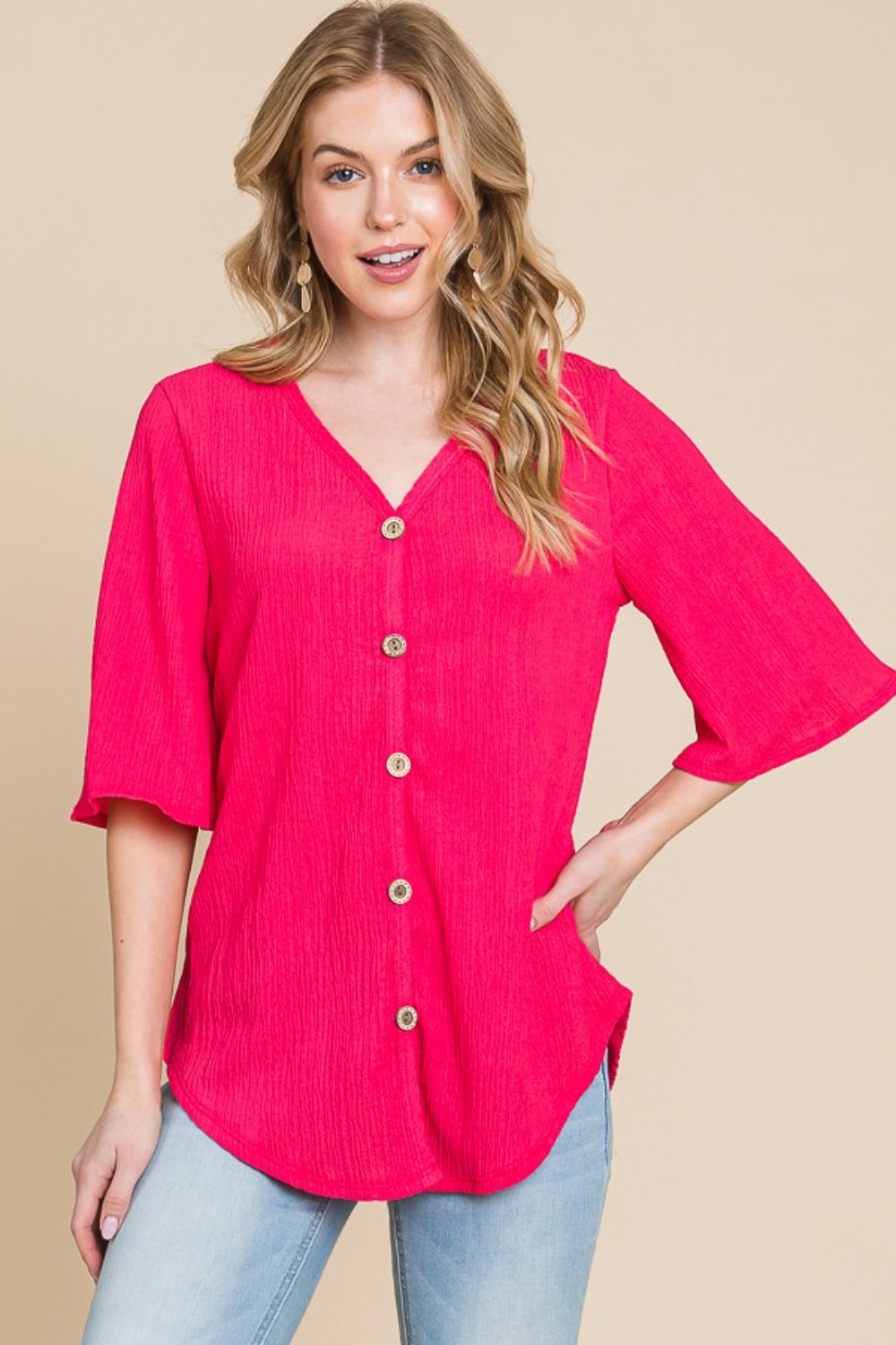 BOMBOM Texture Decorative Button V-Neck Top 