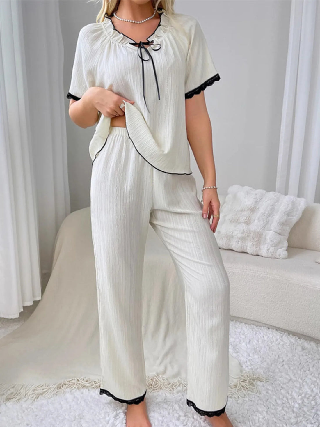 Contrast Trim Short Sleeve Top and Pants Set Lingerie & Nightwear
