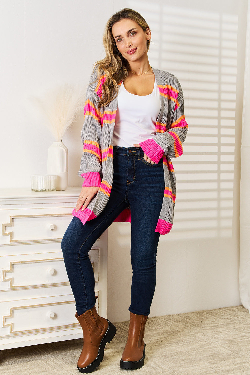 Woven Right Ribbed Long Sleeve Cardigan 