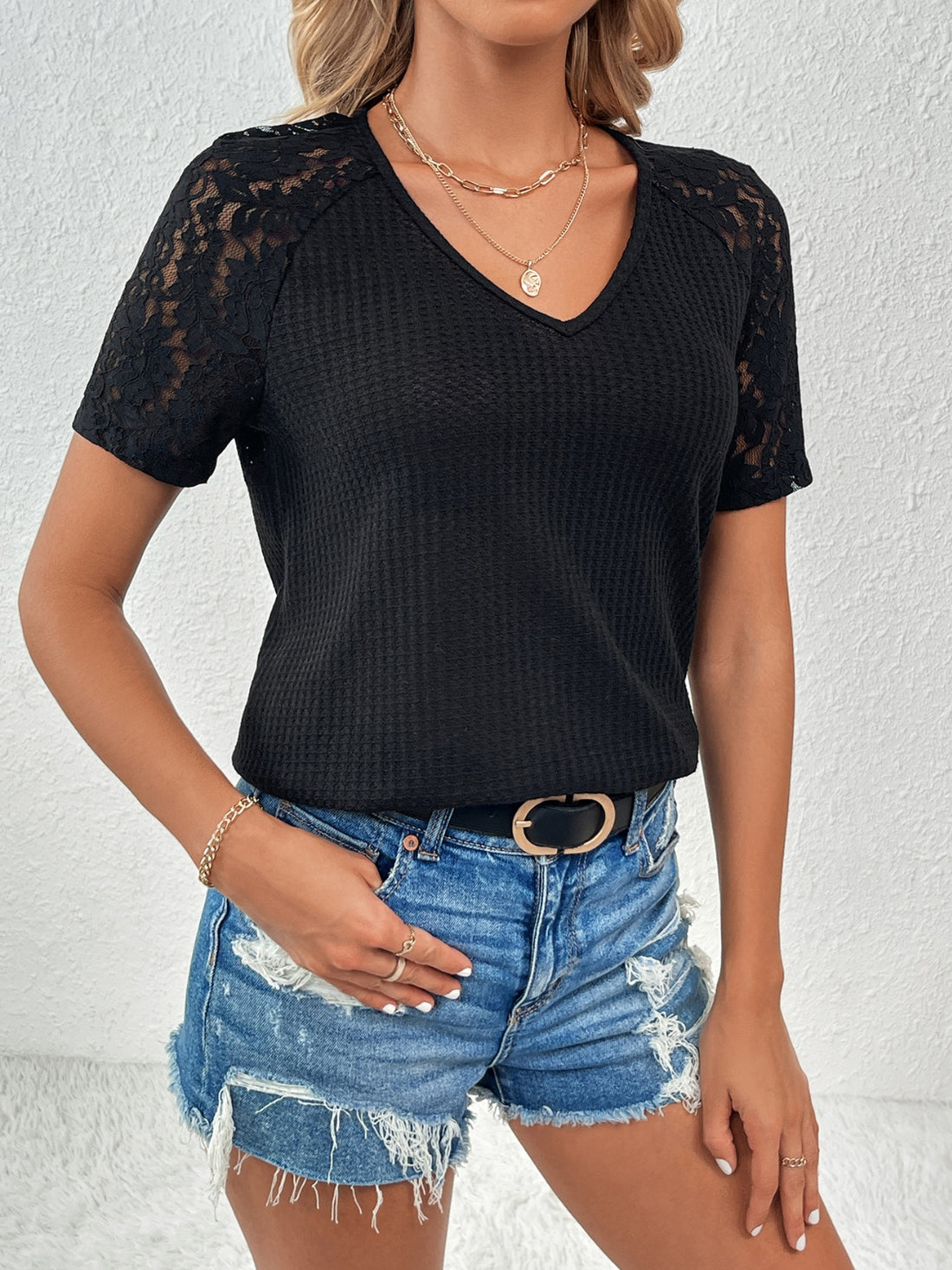 Ivy Lane Lace Detail V-Neck Short Sleeve T-Shirt 