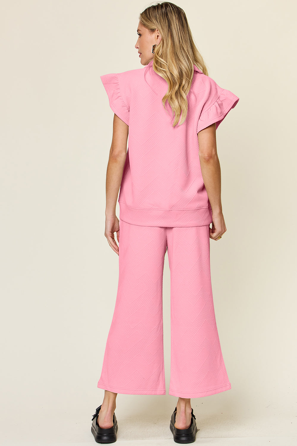 Double Take Texture Ruffle Short Sleeve Top and Drawstring Wide Leg Pants Set 