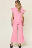 Double Take Texture Ruffle Short Sleeve Top and Drawstring Wide Leg Pants Set 