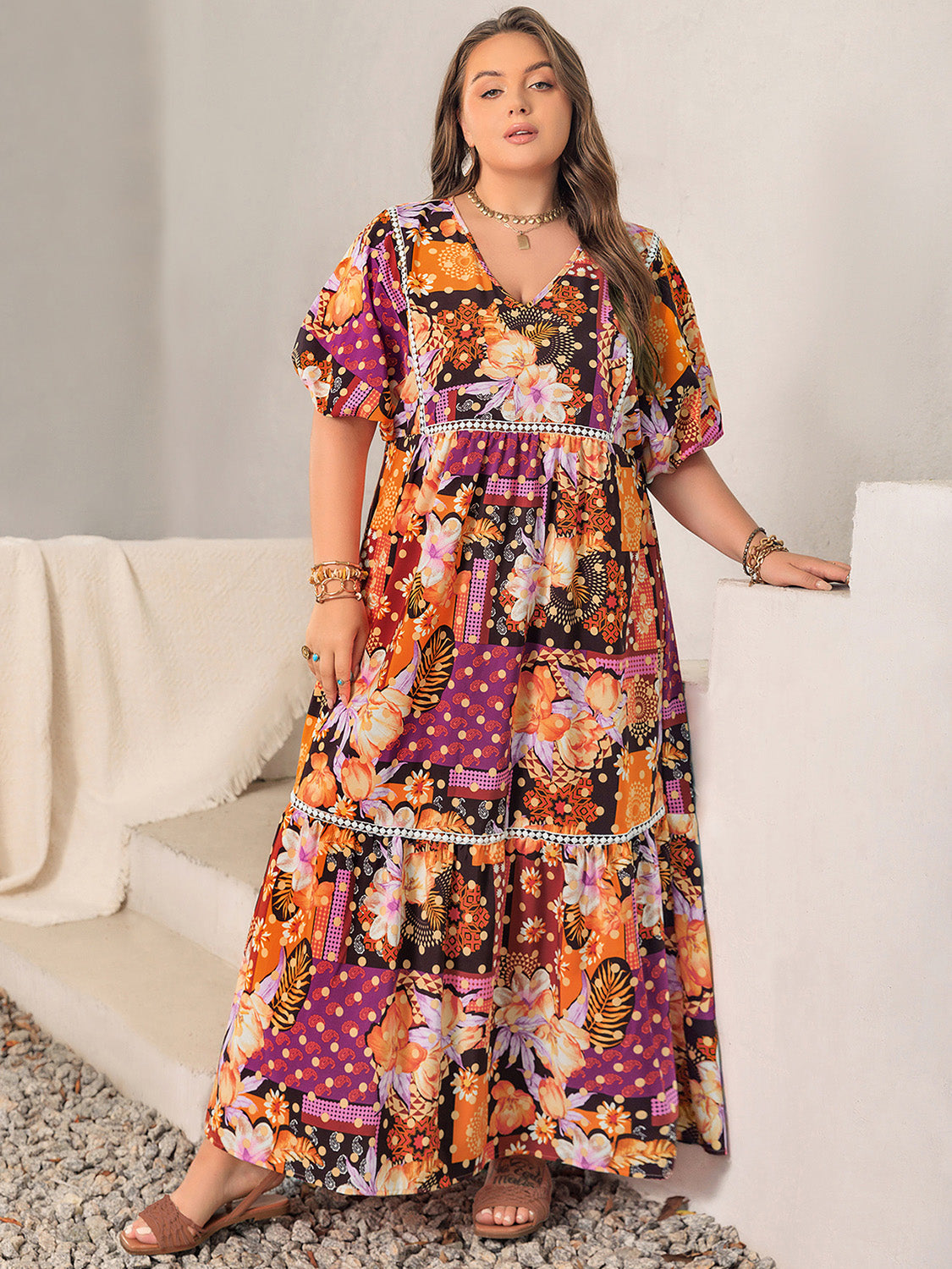 Plus Size Printed V-Neck Half Sleeve Maxi Dress 