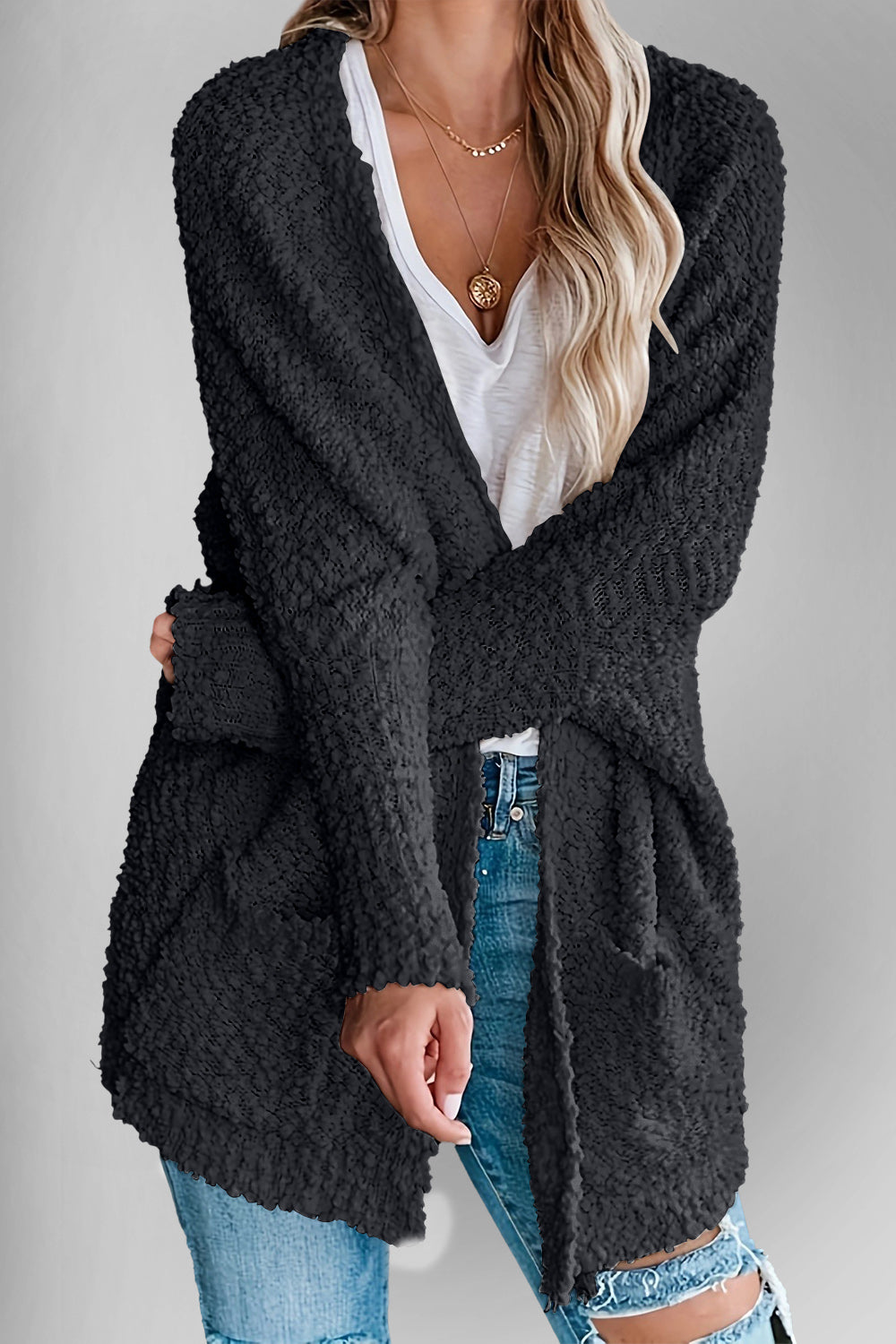 Double Take Pocketed Open Front Long Sleeve Cardigan 