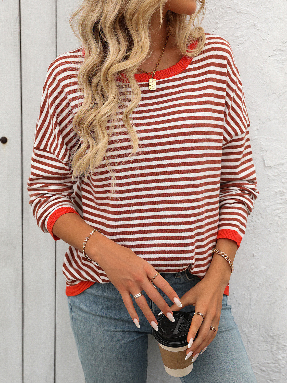 Mandy Striped Round Neck Long Sleeve Sweater 