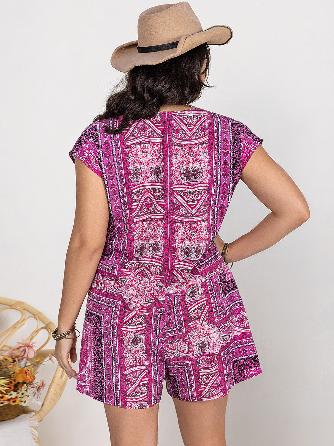 Plus Size Printed V-Neck Cap Sleeve Romper 