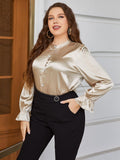 Plus Size Flounce Sleeve Band Collar Shirt 