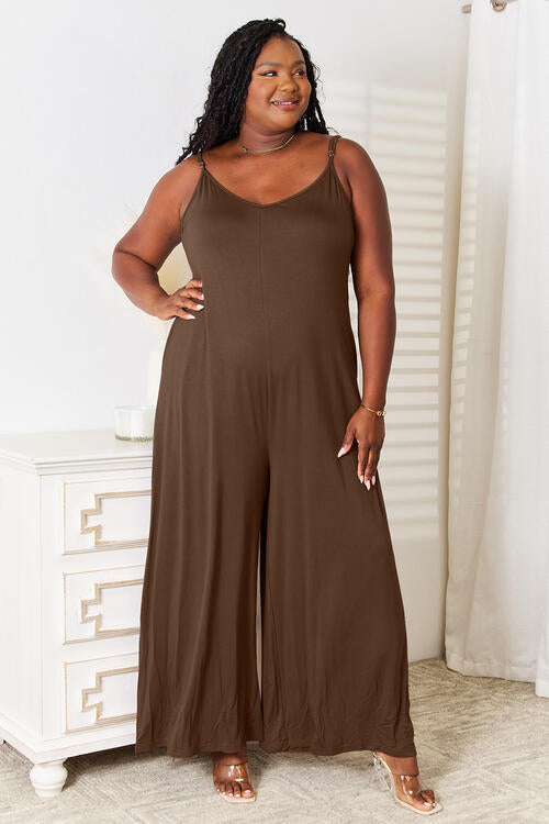 Double Take Full Size Soft Rayon Spaghetti Strap Tied Wide Leg Jumpsuit 