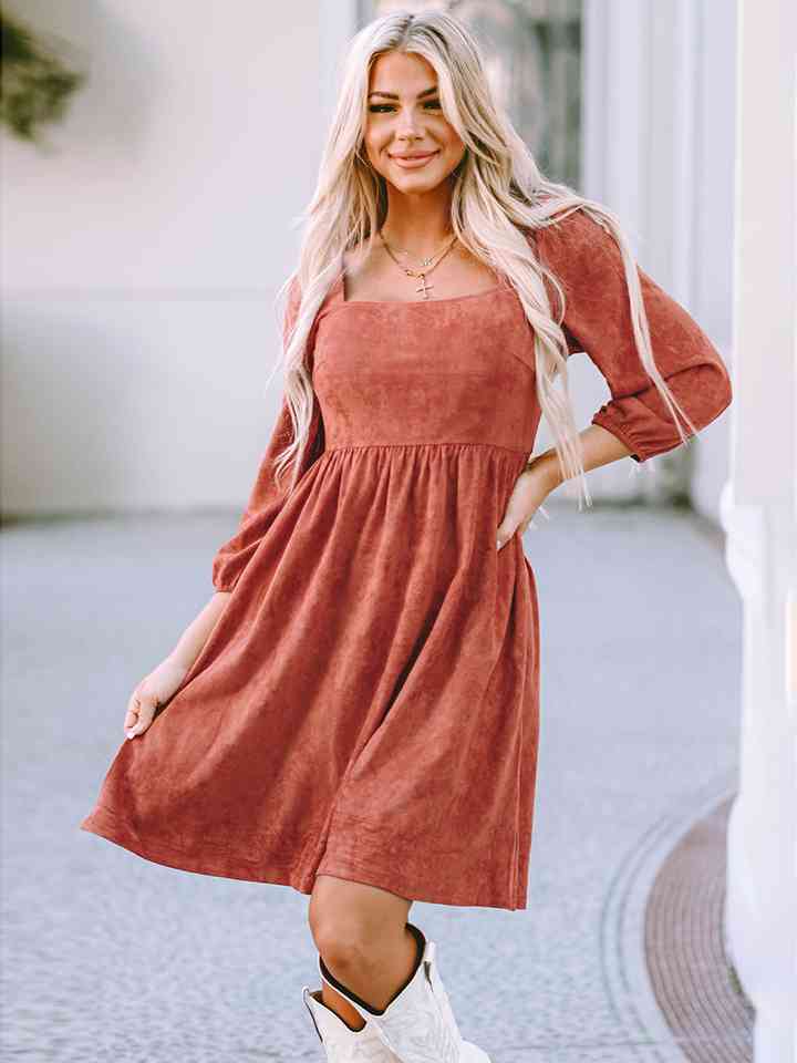 Square Neck Three-Quarter Sleeve Mini Dress Dresses