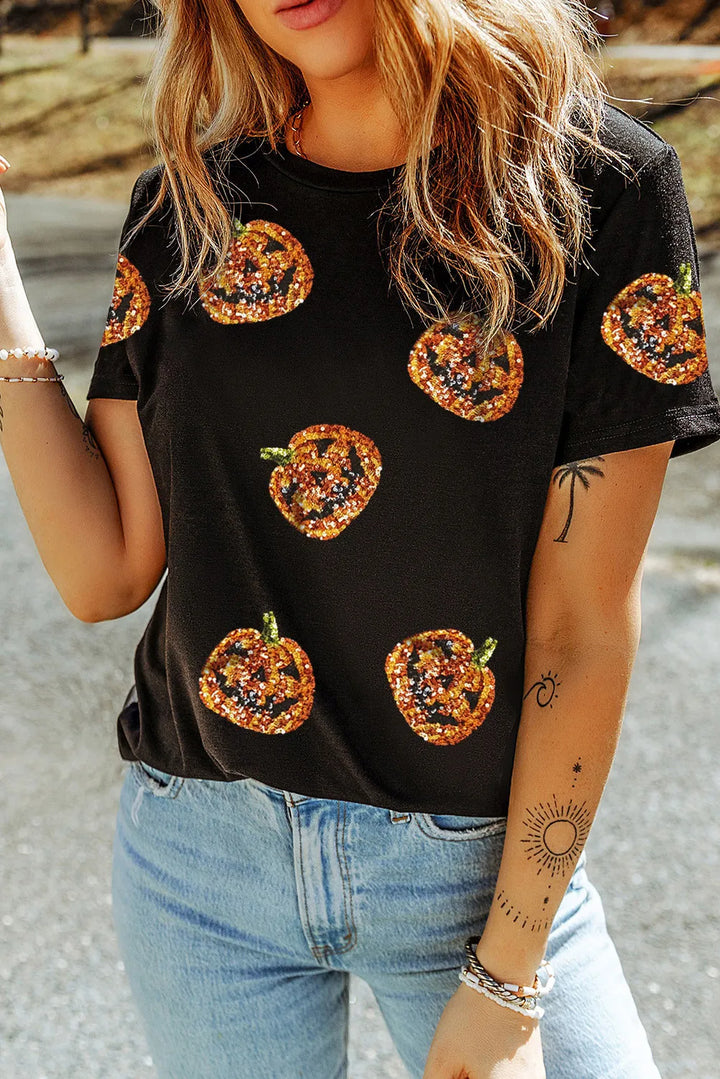Sequin Pumpkin Round Neck Short Sleeve T-Shirt 