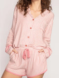 Striped Collared Neck Long Sleeve Top and Shorts Lounge Set Lingerie & Nightwear