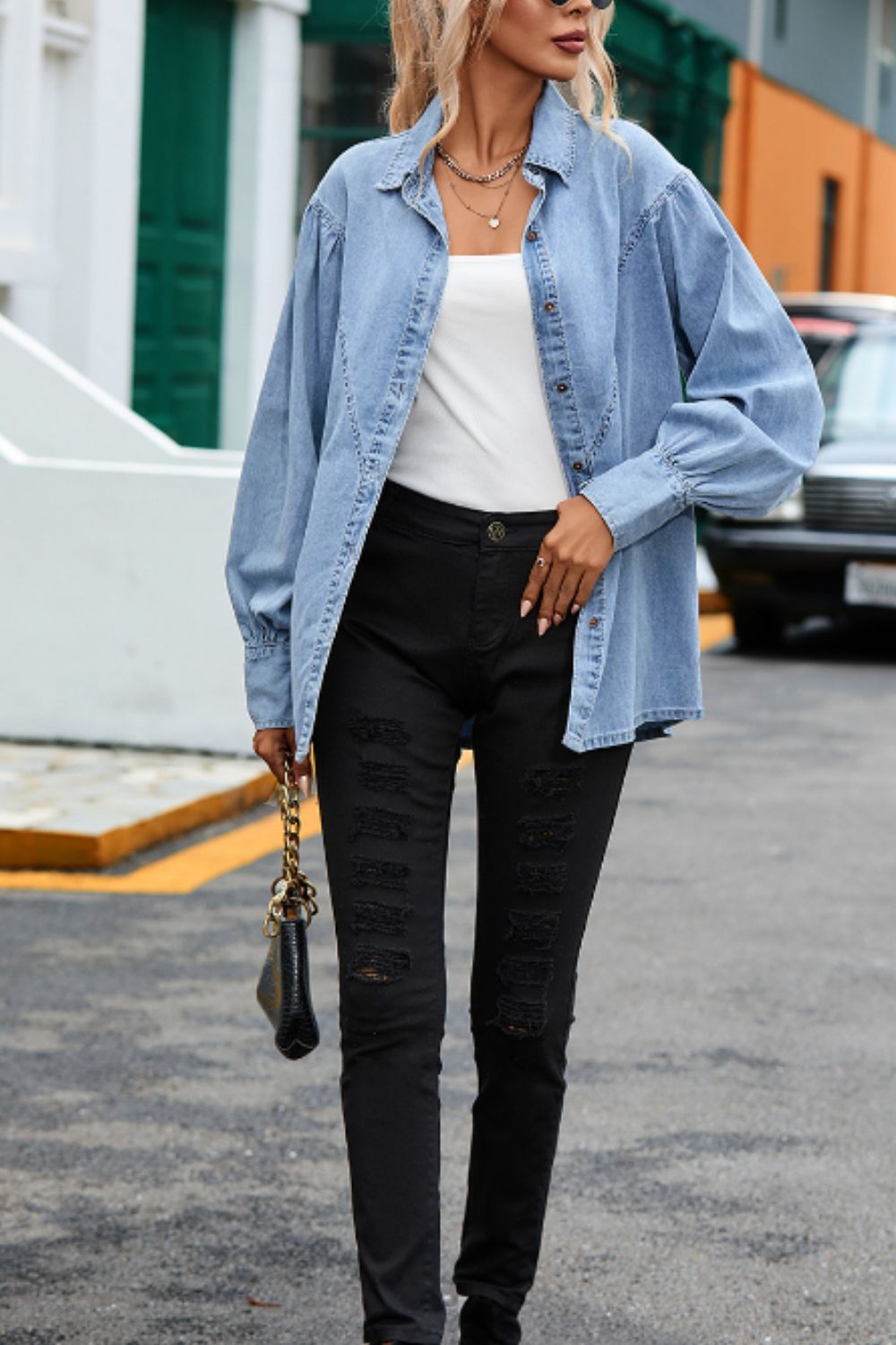 Collared Neck Lantern Sleeve Denim Top 