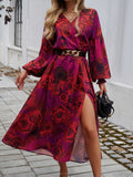Devine Split Printed Surplice Long Sleeve Midi Dress 