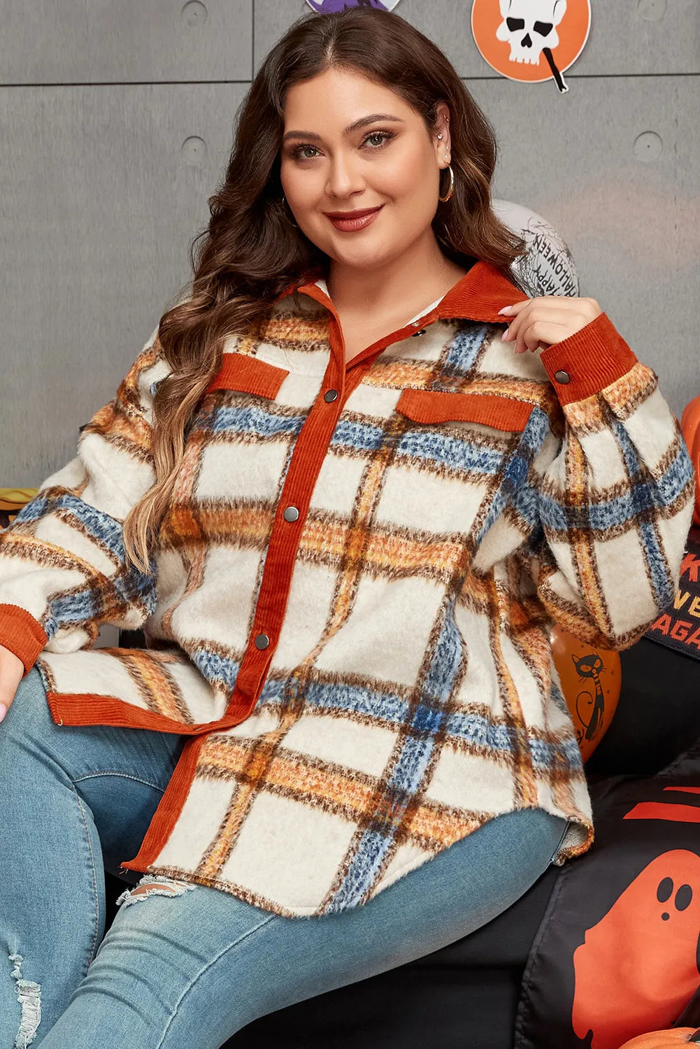 Plus Size Plaid Button Down Jacket 
