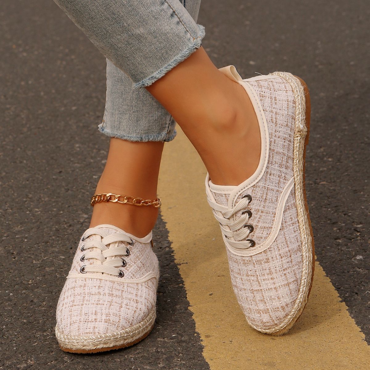 Lace Up Round Toe Flats Tweed Sneakers 